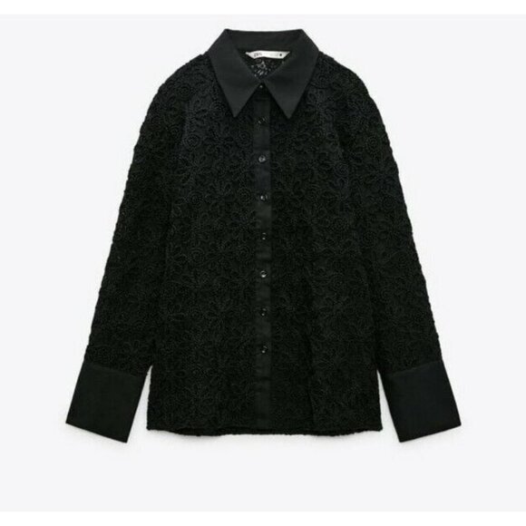 Zara Women’s Black Floral Embroidered Long Sleeve Button Up Lightweight Shirt S - Picture 6 of 11